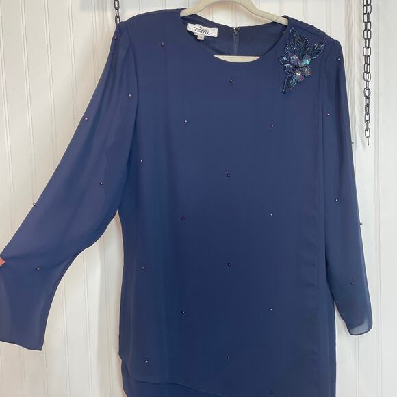 Patra Women’s Navy Blue Sequin & Pearlized Midi Shift Dress Long Sleeve Size 16 - Picture 2 of 8